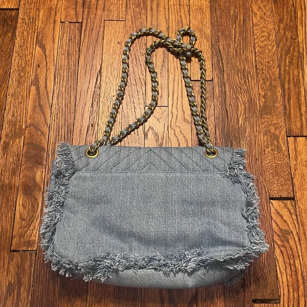 Karl Lagerfeld Paris Denim Shoulder Bag Quilted Pearl Chain Fringe Handbag Blue